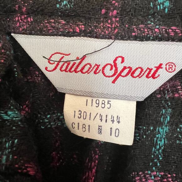 Vintage 80s Size Medium Black Wool Blend Tweed Skirt Fuchsia Blue Woven Pattern - Picture 9 of 9